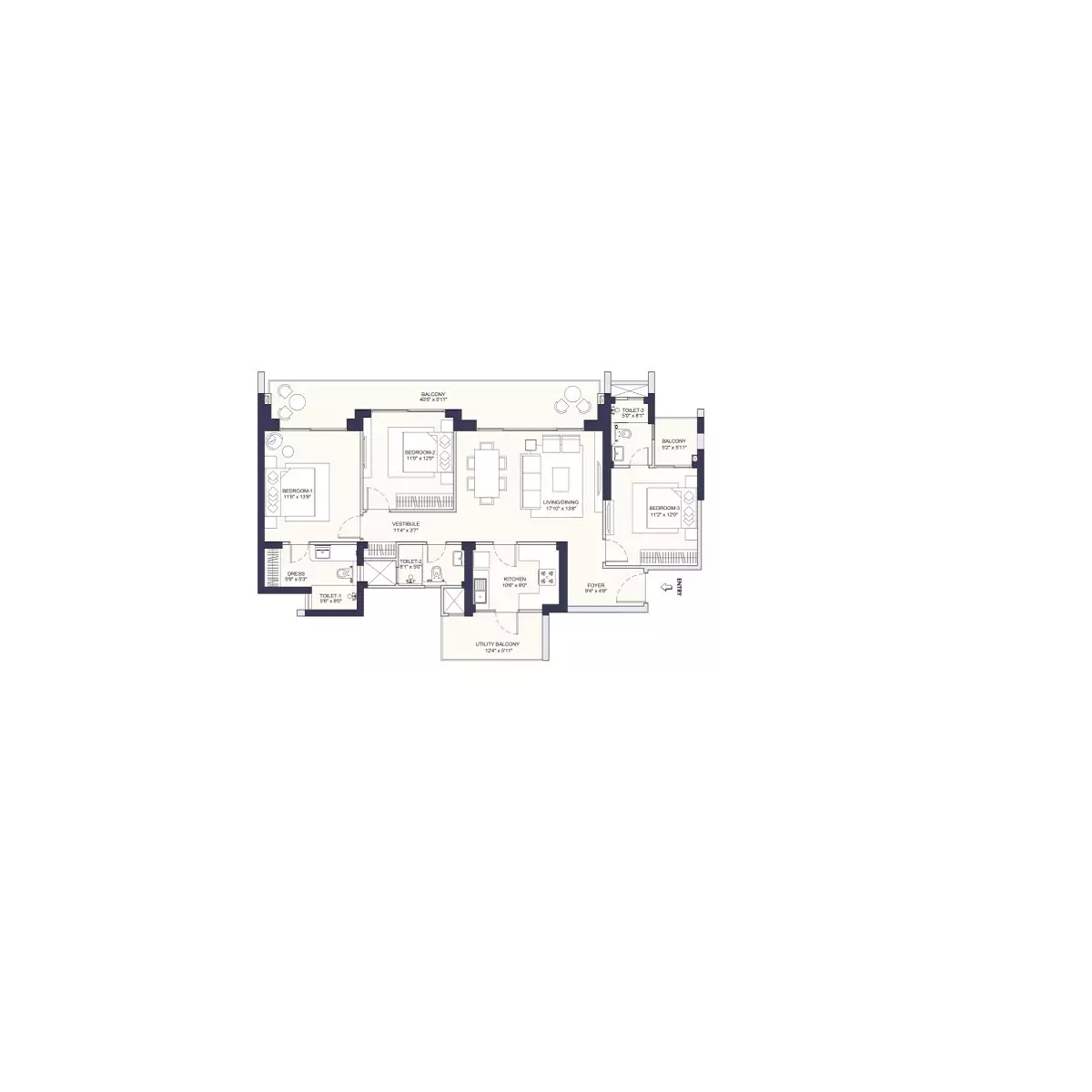 Conscient Elaira Residences Floor Plan - 3BHK 2400 Sq.ft.